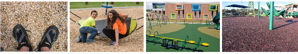 Comparison collage of playground safety surfacing materials including pea gravel, engineered wood fiber, poured-in-place rubber, and rubber mulch for commercial playgrounds